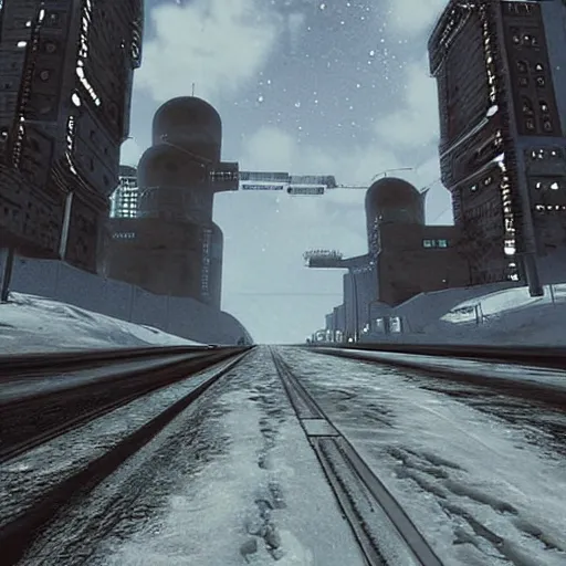 Prompt: Space Norilsk (n64), cold futuristic city of Norilsk level, Russia in space, space city level