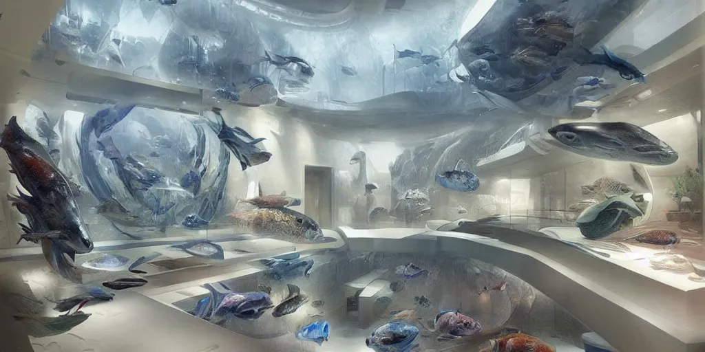 Prompt: In a futuristic large apartment, dimmed light, interior design, one of the wall is a HUGE aquarium with many many fishes _ james gurney, greg rutkowski