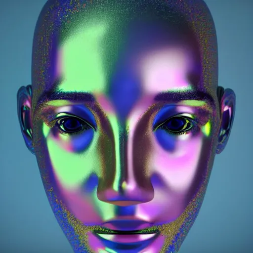 Image similar to 3d render of holographic human robotic head made of glossy iridescent, surrealistic 3d illustration of a human face non-binary, non binary model, 3d model human, cryengine, made of holographic texture, holographic material, holographic rainbow, concept of cyborg and artificial intelligence