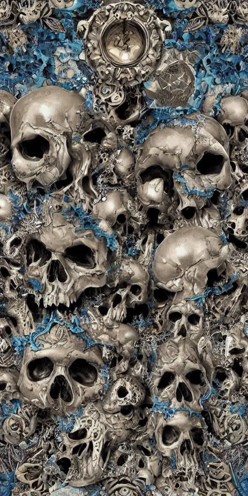 Prompt: infinite fractal complexity, skulls, smurf, sycamore, porcelain, 8k, intricate insane detail, 8k, style of Salvador dali