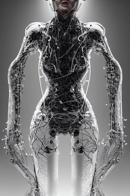 Image similar to iris van herpen, perfect symmetrical body, helmet on face, full body shot, inflateble shapes, wires, tubes, veins, jellyfish, white biomechanical details, wearing epic bionic cyborg implants, masterpiece, intricate, biopunk, vogue, highly detailed, artstation, concept art, cyberpunk, octane render