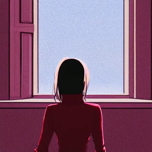 Image similar to a beautiful girl with dark hair, wearing a red turtleneck sweater, sitting in an apartment alone, looking out window at the city, night time, intricate, highly detailed, artstation, official media, anime key visual, mood lighting, sharp focus, art by Makoto Shinkai, Ilya Kuvshinov, Lois Van Baarle, and Rossdraws