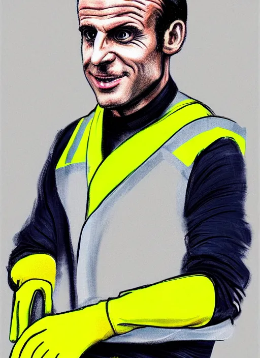 Image similar to emmanuel macron wearing hivis and rubber gloves, digital art