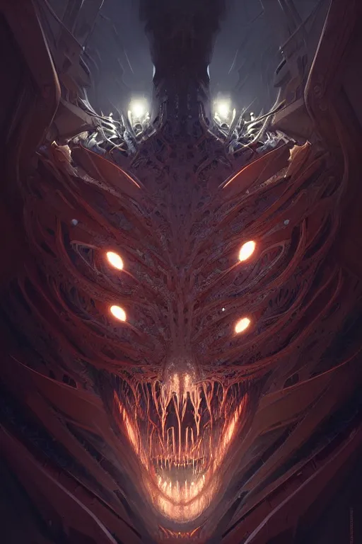 Image similar to professional concept art portrait of a terrifying! mechanical predatory! fractal! species in a dark room by artgerm and greg rutkowski. an intricate, elegant, highly detailed digital painting, concept art, smooth, sharp focus, illustration, in the style of cam sykes.