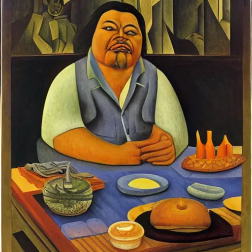 Prompt: the dude having breakfast, diego rivera, 1 9 7 0 science fiction movie, cinematography by joel coen, cut out