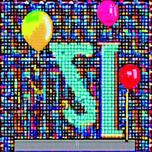 Image similar to y 2 k birthday party selfie, 6 4 x 6 4 dot matrix resolution, 8 bit digitized