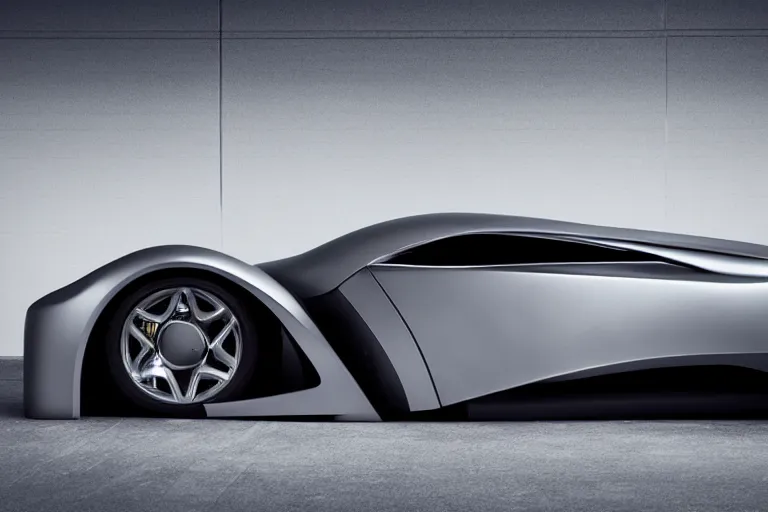 Image similar to A futuristic super-car made of a slick grey scaled metal, professional garage photograph.