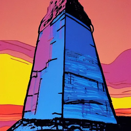 Prompt: a cool tower in frozen land, sunset, by andy warhol by henri mattise