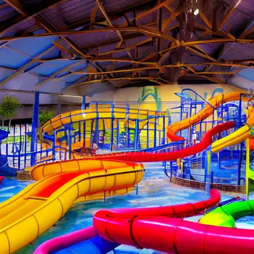 Image similar to empty indoor children's water park with water slides, night time, hazy, dream - like