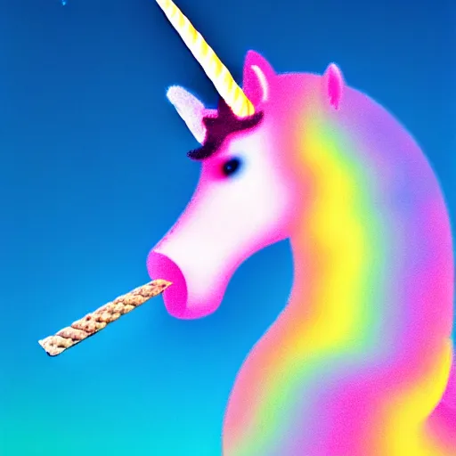 Prompt: an ultra high definition telephoto pastel coloured wildlife photograph of a magic unicorn eating an ice cream in a magical field. refraction, volumetric lighting iridescence.