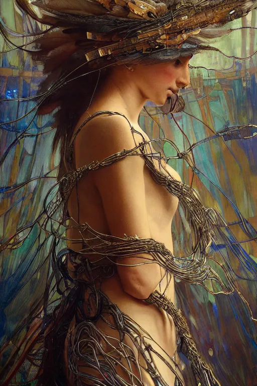 Prompt: hyperrealist portrait of a human with eagle head, it is decorated with long wires and feathers that fall like vines with lots of computer monitors in the background. by jeremy mann and alphonse mucha, fantasy art, photo realistic, dynamic lighting, artstation, poster, volumetric lighting, very detailed faces, 8 k, award winning