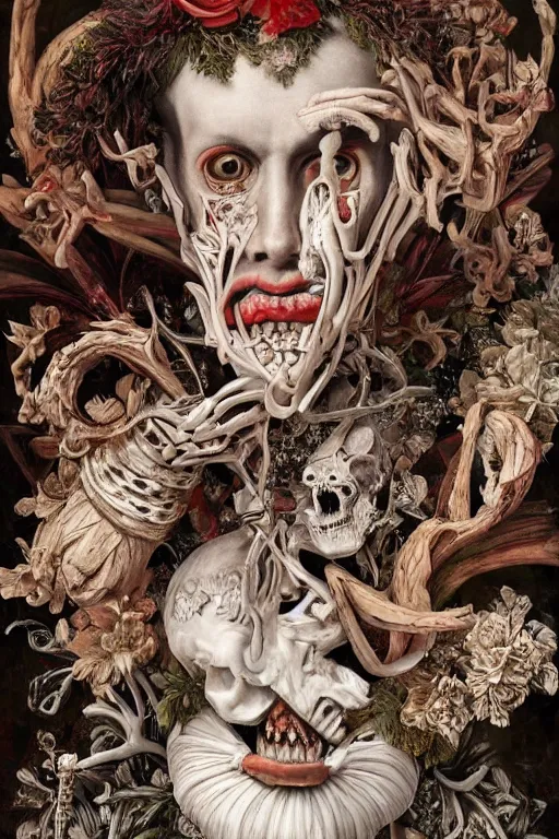 Image similar to Detailed maximalist portrait a greek god with large lips and with large white eyes, exasperated expression, botany bones, HD mixed media, 3D collage, Grimm fury takes character, highly detailed and intricate, surreal illustration in the style of Caravaggio, dark art, baroque