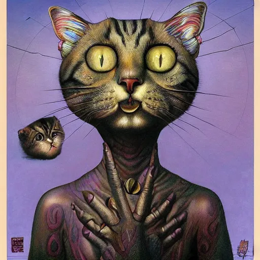 Image similar to a cat having an ego trip, by alex grey, by Esao Andrews and Karol Bak and Zdzislaw Beksinski and Zdzisław Beksiński, trending on ArtStation