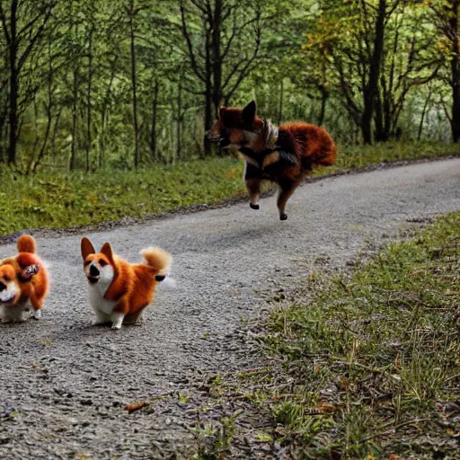 Image similar to corgi monster, children running away, forest