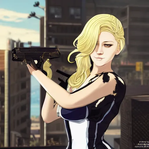 Image similar to anime woman with metallic gold and white hair wearing mafia clothing holding a gun, gta 5 cover