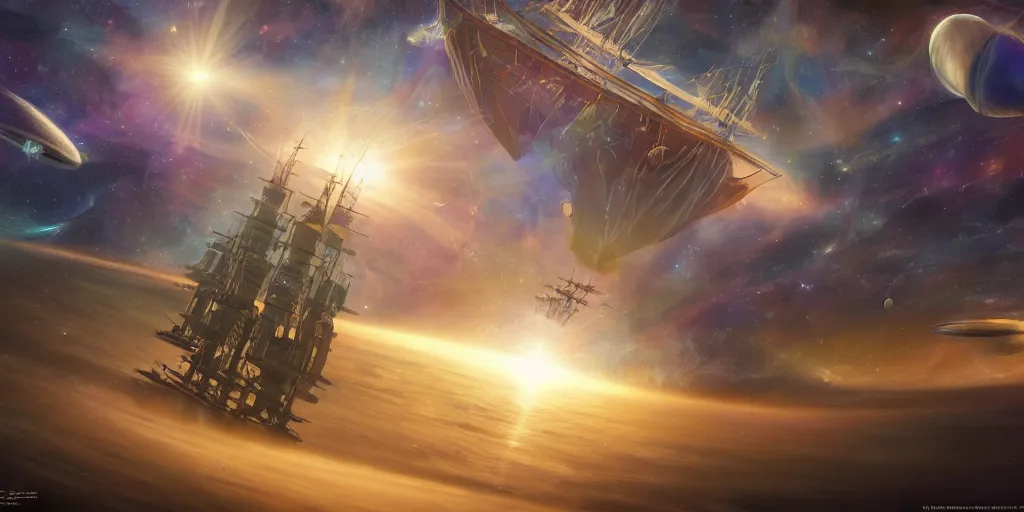 Image similar to Photorealistic epic science fiction painting of one solitary flying tall ship in space, flying past galaxies, by Rodney Matthews and Roger Dean. spelljammer, photorealism, UHD, amazing depth, glowing, golden ratio, 3D octane cycle unreal engine 5, volumetric lighting, cinematic lighting, cgstation artstation concept art