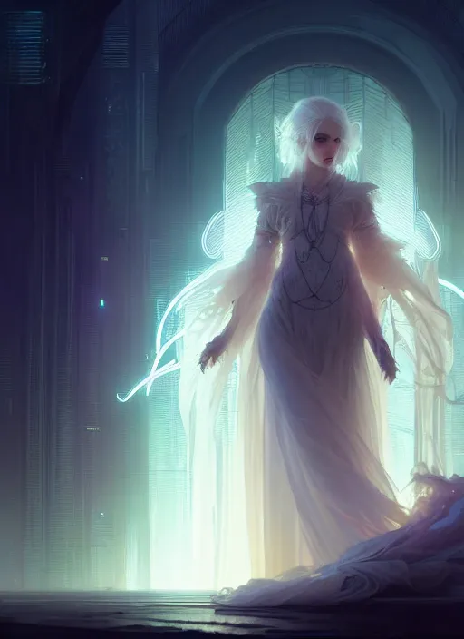 Prompt: a beautiful white haired princess, intricate concept art, ethereal, ominous, dramatic lighting, illuminated lines, outrun, vaporware, cyberpunk darksynth, dark background, 8 k, by ruan jia and krenz cushart and alphonse mucha