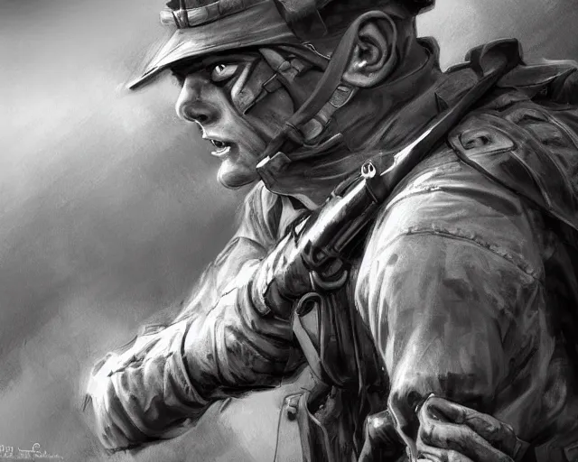 Image similar to A soldier with a hateful face aiming at a cat, long shot, world war 1, close-up, realistic face, beautiful face detail, mature facial features, black and white, amazing digital art, hyper detailed, artstation, in the style of Tony Sart