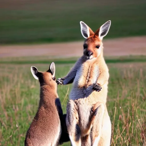 Image similar to a kangaroo and a very cute white rural dog photograph, high quality, award winning