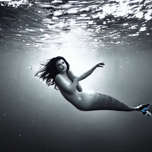 Prompt: Mermaid caught on footage, lost footage, blurry and noisy, under water