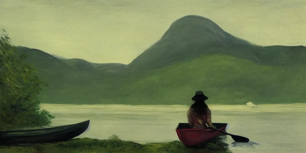 Image similar to “ a woman sitting in canoe on the hudson river, mountains in fog background, green colors, highly detailed, oil painting, by george bellows ”