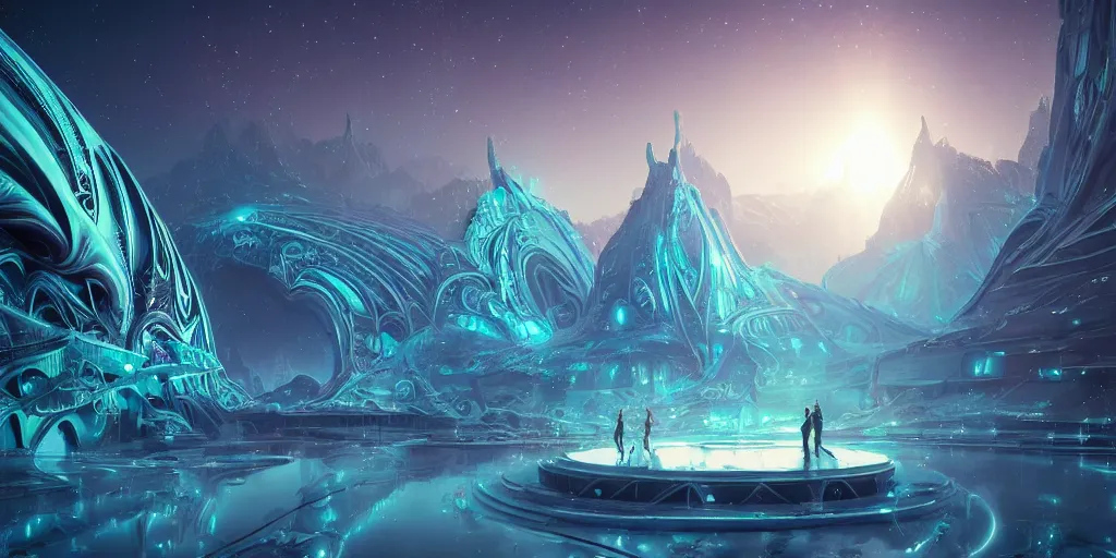 Image similar to futuristic holography!! elven city, galactic nebula, desolate, ice, river, snow:: by beeple and James Gilleard and Justin Gerard :: ornate, dynamic, particulate, intricate, elegant, highly detailed, centered, artstation, smooth, sharp focus, octane render, nvidia raytracing demo
