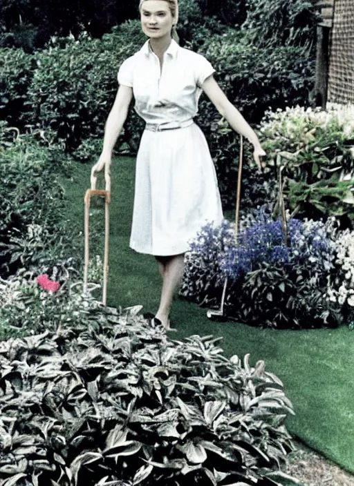 Image similar to a grainy film photo of Grace Kelly gardening, take with a Kodak Brownie Camera