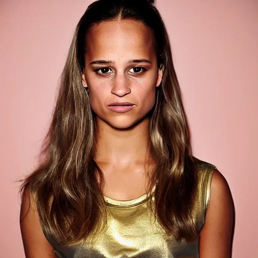 Image similar to Alicia Vikander wearing a gold t-shirt