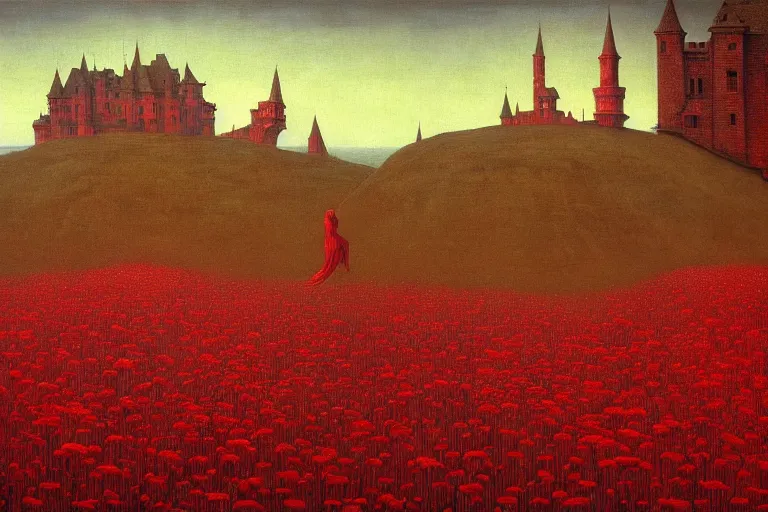 Image similar to only with red, red flowers of different types, a red tiger, a castle in the background, medieval demons dance over the flowers, an ancient path, in the style of beksinski, part by hopper, part by rodcenko, part by hofbauer, intricate composition, red by caravaggio, insanely quality, highly detailed, masterpiece, red light, artstation