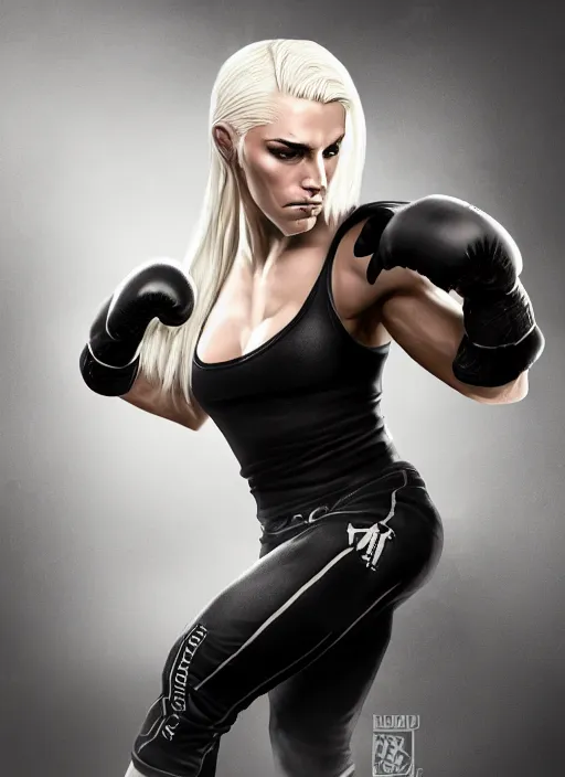 Image similar to a highly detailed illustration of fierce ponytail platinum blonde woman wearing black mma gear and gloves, dramatic boxing stance pose, fairly muscular, athletic, intricate, elegant, highly detailed, centered, digital painting, artstation, concept art, smooth, sharp focus, league of legends concept art, WLOP