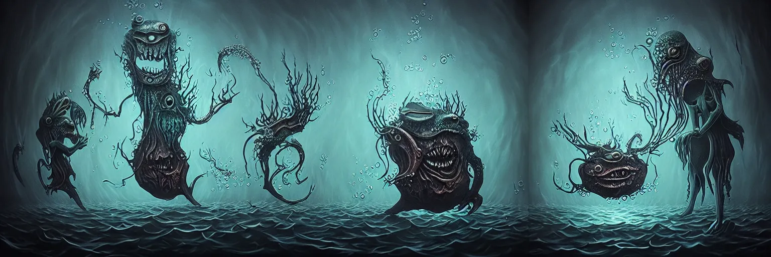 Image similar to whimsical watery alchemical monsters, surreal dark uncanny painting by ronny khalil