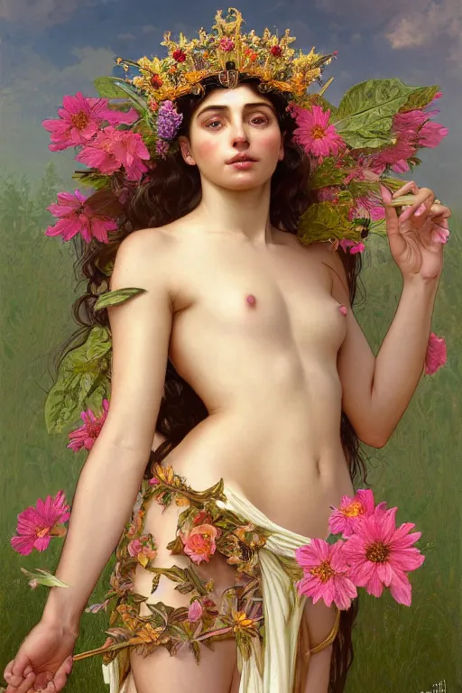 Prompt: body portrait of beautiful roman godess wearing a robe of flowers, wearing a crown of leaves, full body portrait of a young beautiful woman low angle by terry o'neill intricate, elegant, highly detailed, digital painting, artstation, concept art, smooth, sharp focus, illustration, art by artgerm and greg rutkowski and alphonse mucha, 8 k