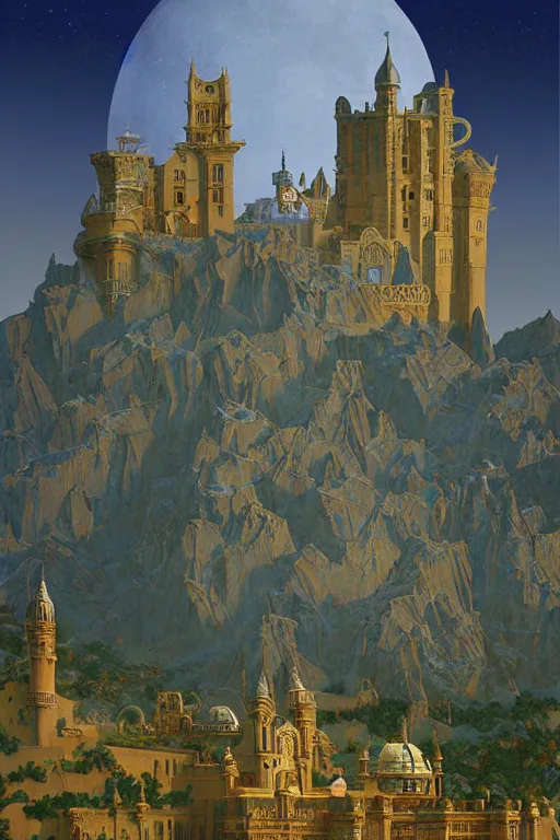 Image similar to ancient silver tower of the moon, distance view, fairytale illustration, elaborate carved latticed balconies, tall windows, moorish architecture, formal gardens, dramatic cinematic lighting, soft colors, golden age illustrator, unreal engine, by Andreas Rocha and Ludwig Deutsch and (Maxfield Parrish and Nicholas Roerich)