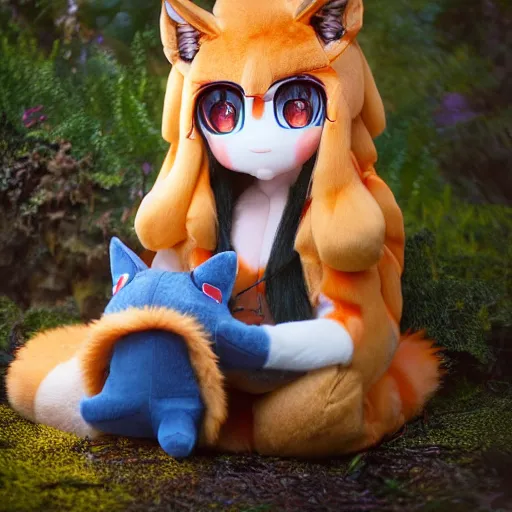 Image similar to cute fumo plush of the fox maiden of the animal shrine, monster girl priestess, fur simulation, lens flare, vray