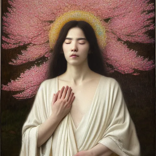 Image similar to a crying woman in a white gown kneeling at a beautiful shrine under a cherry blossom tree, rainy wet, ultradetailed, hd 8 k, agostino arrivabene, oil on canvas, detailed brushstrokes