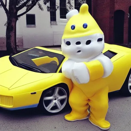 Prompt: the pillsbury doughboy poppin fresh, he is driving a lamborghini that is made of butter, the car is constructed entirely out of butter, butter car