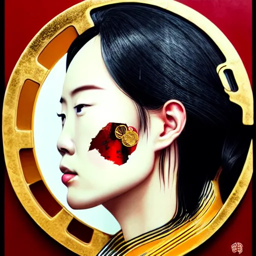 Image similar to portrait and side profile of a chinese woman :: side profile :: in ocean :: clockwork details :: gold :: blood and horror :: by vikings and Sandra Chevrier