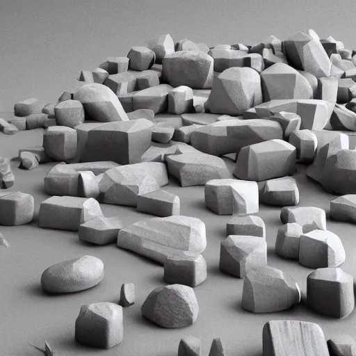 Prompt: modern sculpture of piled stones, wood, nails, sunlit, photorealistic, 3 d rendering, higly detailed, minimalist, made with unreal engine, cgsociety, by yves tanguy, by nate boyce, by david smith