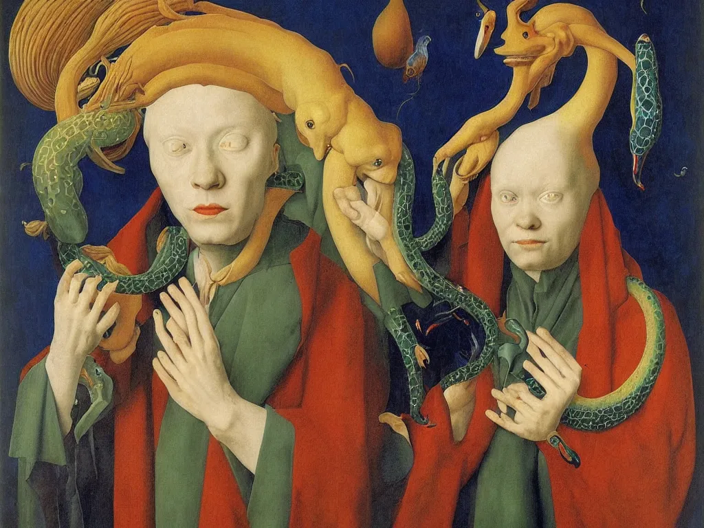 Image similar to Portrait of albino mystic with blue eyes, with beautiful exotic melancholy serpent. Painting by Jan van Eyck, Audubon, Rene Magritte, Agnes Pelton, Max Ernst, Walton Ford