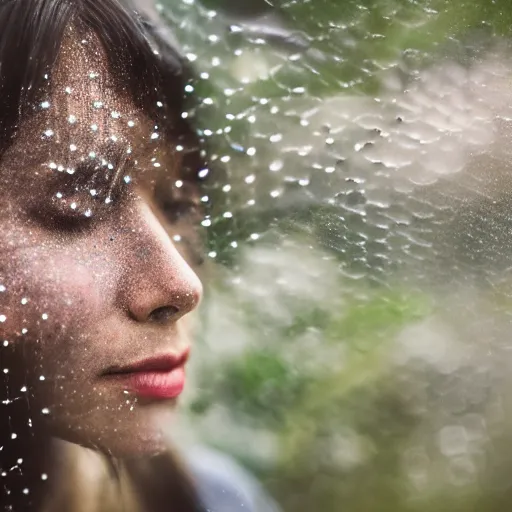 Image similar to a photo of a female made out of hexagons stone, trying to feel the rain, 5 0 mm lens, f 1. 4, sharp focus, ethereal, emotionally evoking, head in focus, volumetric lighting, 8 k