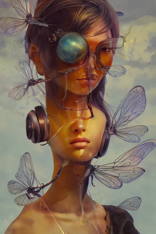 Image similar to surreal gouache painting, by yoshitaka amano, by ruan jia, by Conrad roset, by good smile company, detailed anime 3d render of big transparent amber stone with a magical electric dragonfly inside the amber. amber stone on the Dj mixer portrait, cgsociety, artstation, rococo mechanical and Digital and electronic, dieselpunk atmosphere