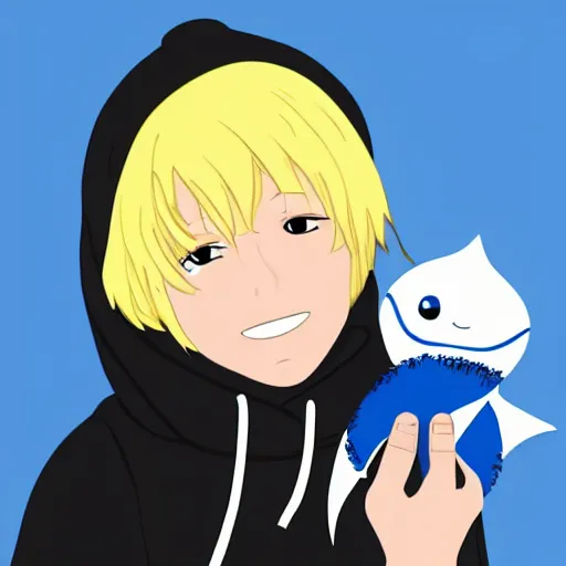 Image similar to a blonde girl in a black hoodie holding a blahaj blue shark plush from ikea, anime style digital art