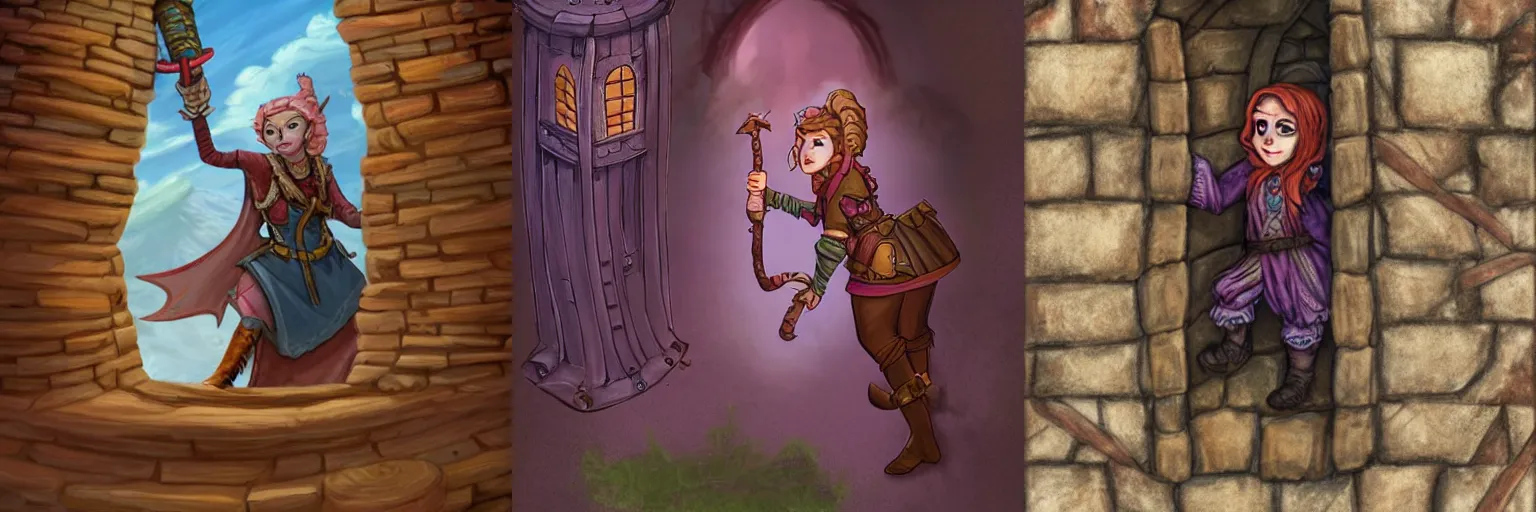 Prompt: dnd thiefling girl sneaking through a tower looking for treasure