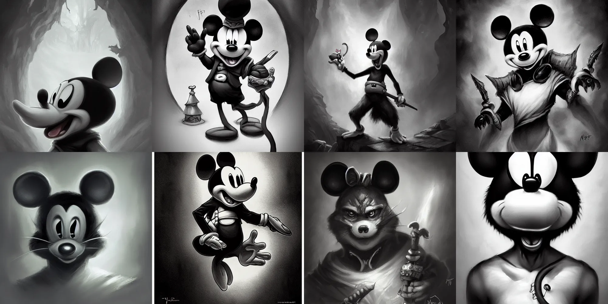 Prompt: a realistic black and white wererat mickey mouse, pretty, beautiful, DnD character art portrait, matte fantasy painting, DeviantArt Artstation, by Jason Felix by Steve Argyle by Tyler Jacobson by Peter Mohrbacher, cinematic lighting