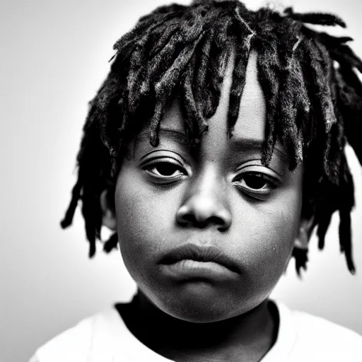 Image similar to the face of young juice wrld at 1 years old, black and white portrait by julia cameron, chiaroscuro lighting, shallow depth of field, 8 0 mm, f 1. 8