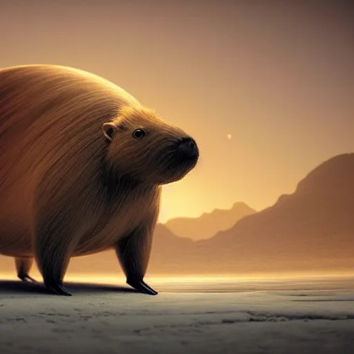 Image similar to beautiful digital fantasy illustration of a Birth Machine, Capybara pirate, keeping vigil over the salt flats, lights in the night, highly detailed, soft lighting, rendered in octane, masterpiece, very very very aesthetic, exquisite marble details