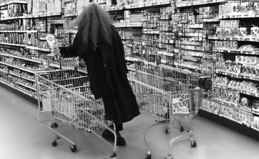 Prompt: security cam vhs footage of gandalf caught drunk stumbling around walmart,