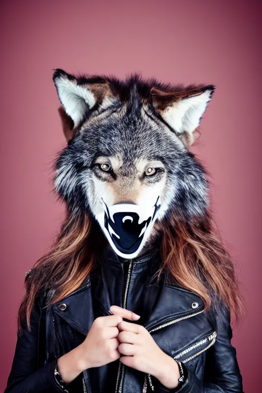 Prompt: photographic portrait of a punk girl in a leather jacket wearing a wolf's head over her face, fashion shoot, cool girl with wolf on her head