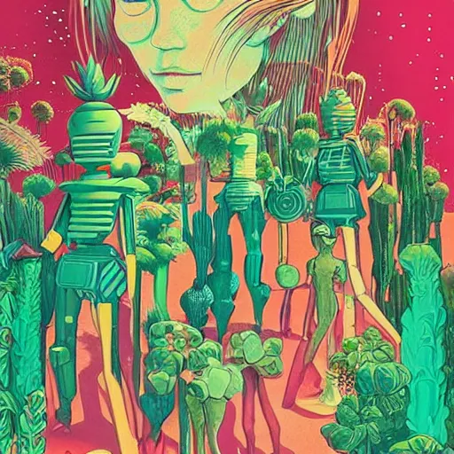 Image similar to gigantic girl faces, tiny robots, a lot of exotic vegetation around, risograph!, colorful flat surreal design, super - detailed, a lot of tiny details, fullshot, by luigi serafini and moebius