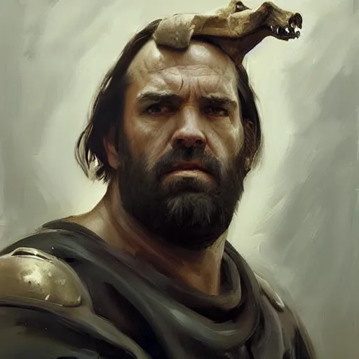 Prompt: greg manchess portrait painting of the hound from game of thrones holding a skull as overwatch character, medium shot, asymmetrical, profile picture, organic painting, foggy day, matte painting, bold shapes, hard edges, street art, trending on artstation, by huang guangjian and gil elvgren and sachin teng